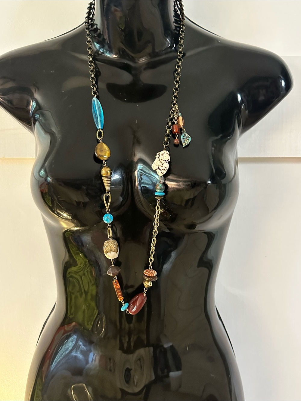 Bohemian Mixed-Bead Long Necklace in Turquoise and Brown - Unbranded